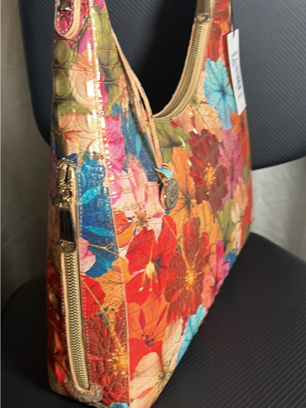 Brahmin Multicolor Floral Embossed Leather Tote with Gold Trim - Picture 3 of 6
